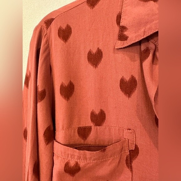 Just Living Button Front Printed Hearts Shirt Linen Blend Size S - Picture 3 of 8